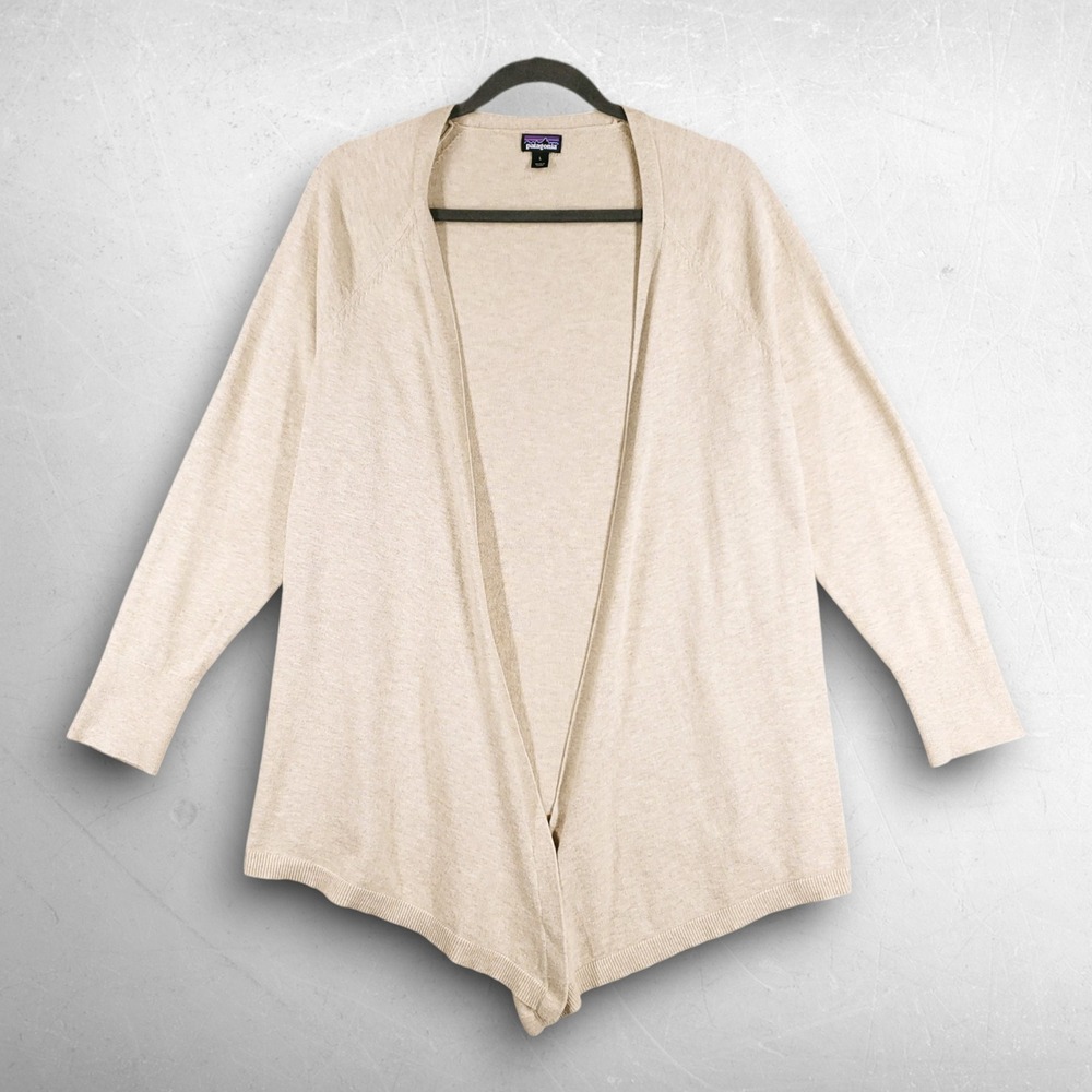 Patagonia Open Front Asymmetrical Hem Cardigan Sweater Women L Beige Minimalist
